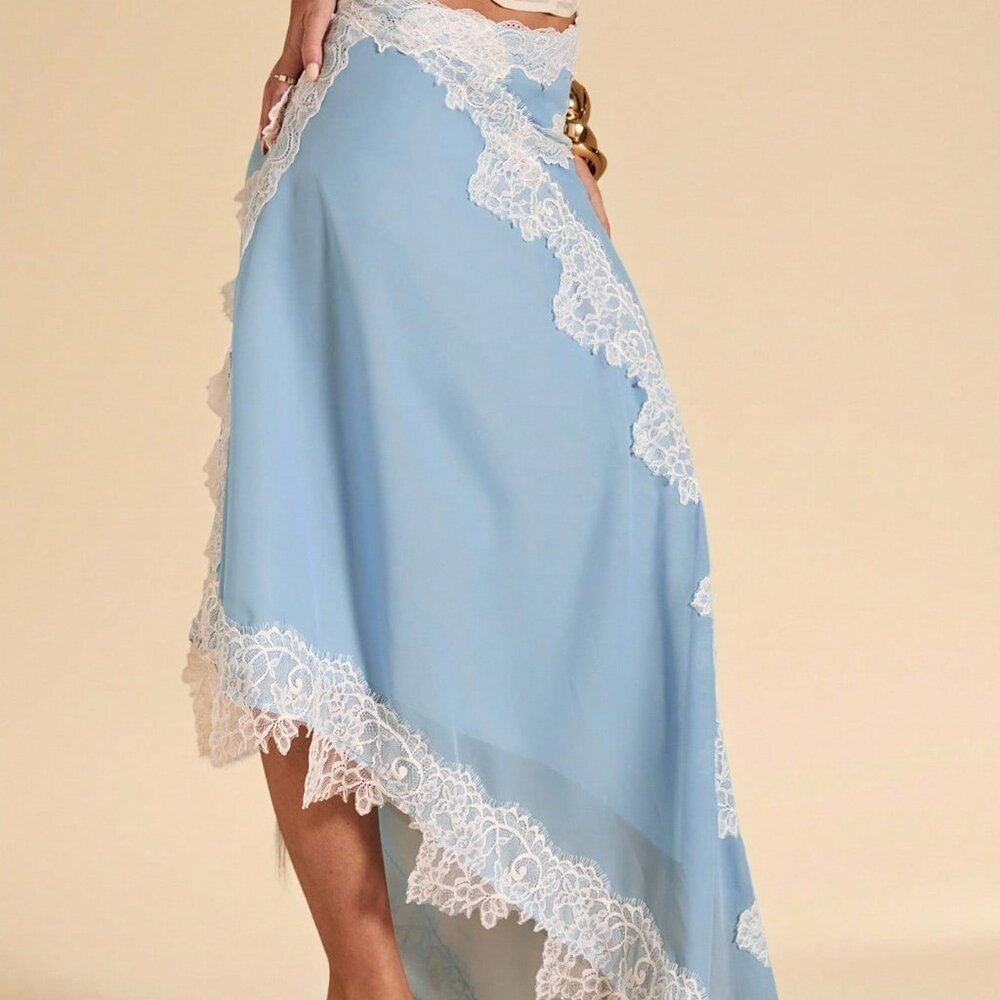 Baby Blue Elegant Women's Lace Trim Asymmetric Hem Split Chiffon Skirt - Picture 8 of 9